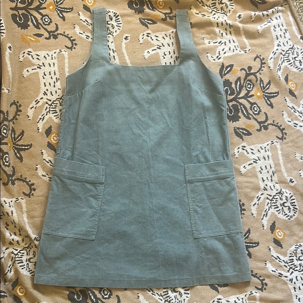 Blue Corduroy Sleeveless Pinafore Shift Dress with Pockets